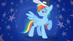 Size: 1280x716 | Tagged: safe, derpibooru import, screencap, rainbow dash, pegasus, pony, may the best pet win, abstract background, baseball cap, cap, coach rainbow dash, hat, lidded eyes, raised hoof, solo, whistle