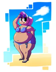 Size: 819x1047 | Tagged: artist:secretgoombaman12345, ask, ask chubby diamond, bbw, beach, belly, belly button, big belly, bikini, clothes, derpibooru import, diamond tiara, fat, humanized, muffin top, safe, solo, sunglasses, swimsuit, tan, tan lines, wide hips