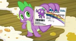 Size: 500x269 | Tagged: safe, derpibooru import, edit, edited screencap, screencap, spike, dragon, spike at your service, exploitable meme, id card, male, mclovin, spike card meme, superbad