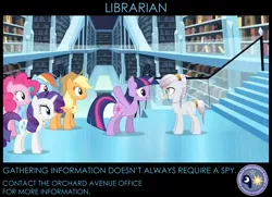 Size: 872x630 | Tagged: safe, derpibooru import, edit, edited screencap, screencap, agate, amethyst maresbury, applejack, pinkie pie, princess celestia, princess luna, rainbow dash, rarity, twilight sparkle, crystal pony, earth pony, pony, unicorn, the crystal empire, canterlot intelligence agency, cia, cutie mark, female, librarian, library, mare, poster, unicorn twilight