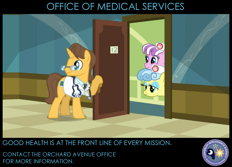 Size: 874x630 | Tagged: canterlot intelligence agency, cia, derpibooru import, doctor, doctor horse, doctor stable, door, edit, edited screencap, glasses, nurse coldheart, nurse sweetheart, poster, read it and weep, safe, screencap