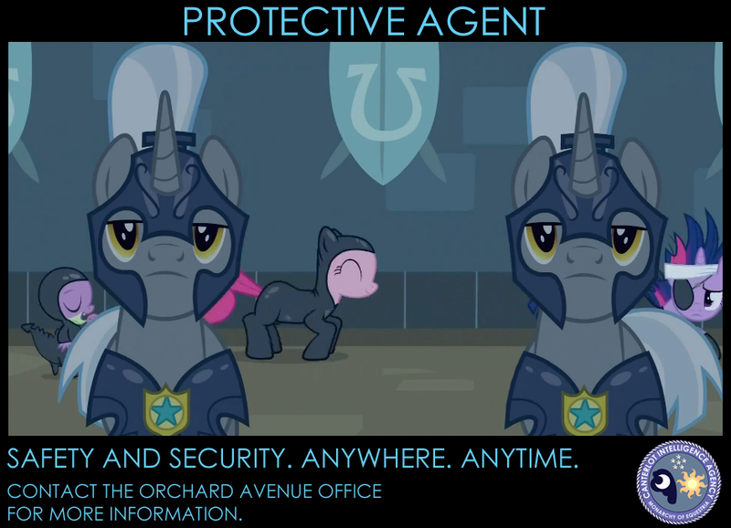 Size: 872x630 | Tagged: safe, derpibooru import, edit, edited screencap, screencap, pinkie pie, spike, twilight sparkle, dragon, earth pony, pony, it's about time, armor, canterlot intelligence agency, catsuit, cia, eyepatch, female, future twilight, male, mare, night guard, poster, royal guard, stallion