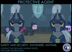 Size: 872x630 | Tagged: safe, derpibooru import, edit, edited screencap, screencap, pinkie pie, spike, twilight sparkle, dragon, earth pony, pony, it's about time, armor, canterlot intelligence agency, catsuit, cia, eyepatch, female, future twilight, male, mare, night guard, poster, royal guard, stallion