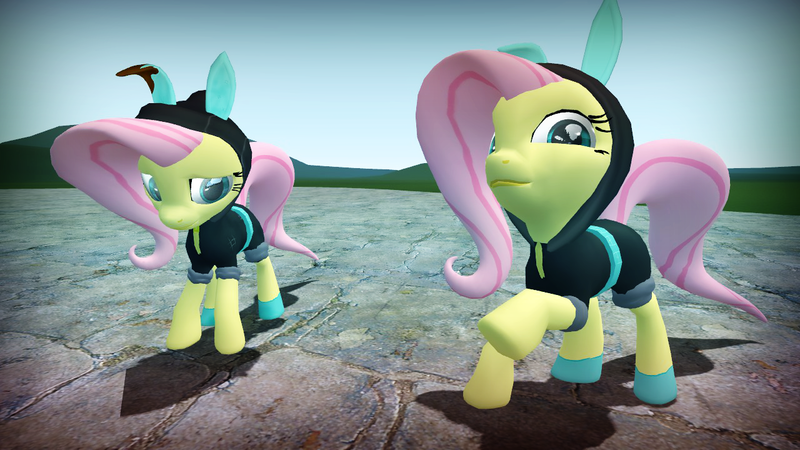 Size: 1280x720 | Tagged: safe, artist:gonzalolog, derpibooru import, fluttershy, pegasus, pony, 3d, bunny ears, clothes, dangerous mission outfit, female, gmod, hoodie, mare