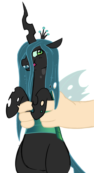 Size: 836x1542 | Tagged: safe, artist:elslowmo, artist:redintravenous, derpibooru import, queen chrysalis, human, pony, chubby, cute, cutealis, hand, holding a pony, lidded eyes, open mouth, place your bids, puffy cheeks, simple background, smiling, white background