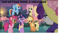 Size: 1368x728 | Tagged: applejack, birthday dress, blackface, caption, derpibooru import, fluttershy, hat, philip j. fry, pinkie pie, rainbow dash, rarity, safe, screencap, sweet and elite, twilight sparkle