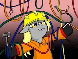 Size: 1600x1200 | Tagged: safe, artist:eternal-equilibrium, derpibooru import, derpy hooves, pegasus, pony, clothes, dexterous hooves, engineering, female, hammer, hard hat, hat, helmet, mare, solo, tongue out, wires