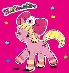 Size: 486x511 | Tagged: safe, derpibooru import, ponified, earth pony, pony, bow, female, hair bow, japanese, kyary pamyu pamyu, looking at you, mameshiba, mare, one eye closed, pink background, simple background, solo, wink