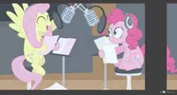 Size: 2040x1100 | Tagged: andrea libman, artist:dm29, derpibooru import, duo, fluttershy, headphones, microphone, pinkie pie, pop filter, safe, singing, studio, stunned, talking to themself, voice actor joke