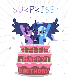 Size: 2800x3200 | Tagged: artist:adcoon, cake, candle, confetti, derpibooru import, happy birthday, pop out cake, princess luna, safe, surprise cake, trio, trixie, twilight sparkle