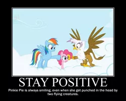 Size: 750x600 | Tagged: safe, derpibooru import, edit, edited screencap, screencap, gilda, pinkie pie, rainbow dash, gryphon, griffon the brush off, cloud, cloudy, misspelling, motivational poster, sky, smiling