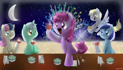 Size: 1024x582 | Tagged: safe, artist:pegasisters82, derpibooru import, berry punch, berryshine, bon bon, carrot top, derpy hooves, golden harvest, lyra heartstrings, minuette, sweetie drops, pegasus, pony, female, fireworks, happy new year, mare, new year, punch