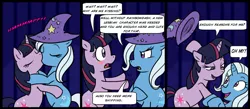 Size: 1000x437 | Tagged: safe, artist:madmax, derpibooru import, ponibooru import, trixie, twilight sparkle, pony, unicorn, blushing, comic, dialogue, female, kissing, lesbian, mare, shipping, speech bubble, twixie