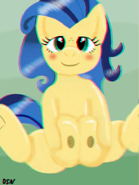 Size: 641x853 | Tagged: questionable, artist:dsninja, derpibooru import, oc, oc:milky way, unofficial characters only, pony, 3d, anaglyph 3d, blushing, crotchboobs, female, freckles, impossibly large crotchboobs, mare, nipples, nudity, solo, solo female