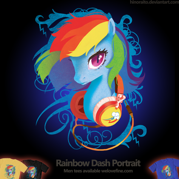 Size: 1299x1299 | Tagged: artist:hinoraito, clothes, derpibooru import, headphones, merchandise, official, rainbow dash, safe, solo, t-shirt, welovefine