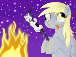 Size: 1280x960 | Tagged: safe, artist:8aerondight8, derpibooru import, derpy hooves, rarity, pegasus, pony, unicorn, campfire, cooked alive, cooking, crying, female, fire, mare, marshmallow, micro, rarity is a marshmallow, silly, tiny ponies, tongue out