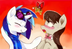 Size: 1308x887 | Tagged: dead source, safe, artist:si1vr, derpibooru import, octavia melody, vinyl scratch, blushing, christmas, clothes, female, holly, holly mistaken for mistletoe, lesbian, scarf, scratchtavia, shipping