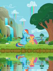 Size: 421x560 | Tagged: safe, artist:kennyklent, derpibooru import, rainbow dash, scootaloo, pegasus, pony, animated, cloud, female, filly, grass, mare, mountain, reflection, scenery, scootalove, tree, water, waterfall