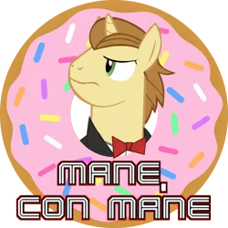 Size: 1100x1100 | Tagged: bowtie, clothes, con mane, derpibooru import, donut, donut joe, food, image macro, male, safe, simple background, solo, stallion, suit, transparent background