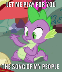 Size: 497x576 | Tagged: animated, bongos, derpibooru import, dragon, gif, image macro, i play a mean belly, safe, sitting, song of my people, spike, spike at your service, spike used belly drum