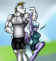Size: 1280x1378 | Tagged: anthro, armpits, artist:hasana-chan, bulk biceps, clothes, cloudchaser, cloudrage, cute, derpibooru import, ear piercing, earring, eeee, eyes closed, female, flexing, jewelry, male, mare, muscles, open mouth, pegasus, piercing, roid rage, safe, shipping, shorts, smiling, smirk, spread wings, stallion, straight, tanktop, weight lifting, wings