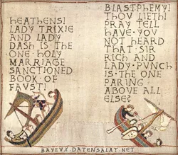 Size: 685x600 | Tagged: bayeux tapestry, bayeux tapestry meme, berry punch, berry rich, berryshine, boat, brony, derpibooru import, female, filthy rich, human, infidelity, lesbian, male, medieval, meta, pun, rainbow dash, safe, ship, shipper on deck, shipping, shipwreck, straight, text, trixdash, trixie, visual pun, wall of text, ytmnd