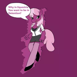 Size: 1787x1788 | Tagged: suggestive, artist:killyouandme, derpibooru import, cheerilee, anthro, earth pony, bra, breasts, cleavage, clothes, detention, dialogue, female, purple background, shirt, shoes, simple background, skirt, socks, speech bubble, stockings, teacher, thigh highs, tube skirt, underwear