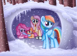Size: 1328x970 | Tagged: safe, artist:ctb-36, derpibooru import, fluttershy, pinkie pie, rainbow dash, scootaloo, pony, bandage, cave, clothes, crying, first aid kit, quintet, scarf, scootalove, snow, snowfall