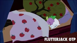 Size: 720x406 | Tagged: safe, derpibooru import, spike, apple tree, bed, blanket, exploitable meme, eyes closed, fluttertree, implied applejack, implied appleshy, implied fluttershy, implied lesbian, implied shipping, open mouth, otp, pillow, shipping, sleeping, smiling, tree