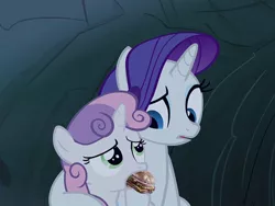 Size: 800x600 | Tagged: safe, artist:sweetieburger, derpibooru import, edit, edited screencap, screencap, rarity, sweetie belle, burger