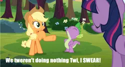 Size: 1067x575 | Tagged: safe, derpibooru import, edit, edited screencap, screencap, applejack, spike, twilight sparkle, dragon, earth pony, pony, spike at your service, caption, female, male, mare, missing cutie mark, out of context, raised leg