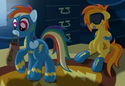 Size: 1308x900 | Tagged: arm behind back, artist:ziemniax, blindfold, bondage, derpibooru import, gag, rainbow dash, robbery, spitfire, stealing, suggestive, tape gag, thief, wonderbolts uniform