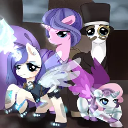 Size: 1000x1000 | Tagged: safe, artist:aruva-chan, derpibooru import, cookie crumbles, hondo flanks, rarity, sweetie belle, pony, robot, unicorn, alicornified, artificial wings, augmented, clothes, cookieflanks, earring, female, filly, foal, goggles, hat, hooves, horn, magic, magic wings, male, mare, monocle, rarity's parents, rearing, stallion, steampunk, sweetie bot, top hat, wings