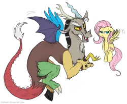 Size: 4106x3380 | Tagged: safe, artist:stepandy, derpibooru import, discord, fluttershy, draconequus, pegasus, pony, keep calm and flutter on, annoyed, colored sketch, duo, female, floating, fluttershy is not amused, flying, male, simple background, transparent background, unamused