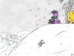 Size: 1600x1200 | Tagged: artist:kudalyn, clothes, crying, derpibooru import, flower, grave, ponyville, sad, safe, scarf, scenery, snow, snowfall, solo, statue, twilight sparkle, windswept mane, winter