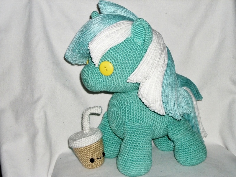 Size: 1024x768 | Tagged: amigurumi, artist:masterplanner, crochet, derpibooru import, irl, lyra heartstrings, photo, plushie, safe, smoothie, soda, solo