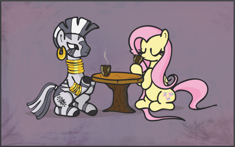 Size: 1921x1201 | Tagged: artist:finalflutter, derpibooru import, drink, fluttershy, safe, tea, zebra, zecora