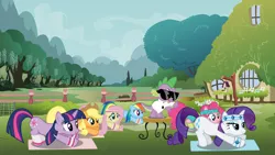 Size: 1920x1080 | Tagged: applejack, artist:assiel, derpibooru import, exercise, fluttershy, gangnam style, headband, leg warmers, mane seven, mane six, pinkie pie, rainbow dash, rarity, safe, spike, stretching, sunglasses, sweatband, twilight sparkle, wristband, yoga