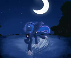 Size: 2337x1903 | Tagged: alicorn, artist:otakuap, crown, derpibooru import, ethereal mane, eyes closed, female, forest, happy, hoof shoes, horn, jewelry, moon, night, princess luna, reflection, regalia, safe, smiling, solo, spread wings, stars, tree, water, wings