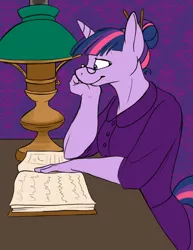 Size: 700x906 | Tagged: anthro, artist:foxenawolf, a tale of two twilights, book, clothes, derpibooru import, dress, fanfic art, glasses, oil lamp, reading, safe, twilight sparkle, victorian, victoriana