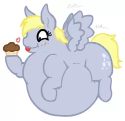 Size: 546x530 | Tagged: safe, artist:queenfrau, derpibooru import, derpy hooves, pegasus, pony, aderpose, belly, cupcake, fat, female, mare, muffin, obese, that pony sure does love muffins