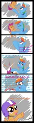 Size: 700x2500 | Tagged: safe, artist:gavalanche, derpibooru import, rainbow dash, scootaloo, pony, accident, comic, comic sans, falling, female, filly, giggling, glowing eyes, mare, mother, pointing, sisters, squishy cheeks, throwing