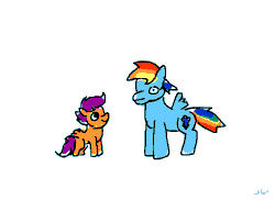 Size: 550x400 | Tagged: safe, artist:docwario, derpibooru import, rainbow dash, scootaloo, pegasus, pony, animated, asdfmovie, duo, female, filly, mare, perfect loop, puffy cheeks, puking rainbows, rainbow, scootabuse, scootobsession, simple background, squick, vomit, wat, white background