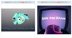 Size: 533x285 | Tagged: derpibooru import, dun dun dun, exploitable meme, juxtaposition, juxtaposition win, lyra heartstrings, suggestive, twilight sparkle