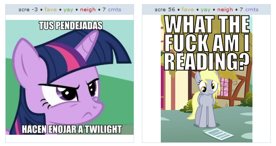 Size: 539x286 | Tagged: safe, derpibooru import, derpy hooves, twilight sparkle, pegasus, pony, exploitable meme, female, juxtaposition, juxtaposition win, mare, spanish, vulgar