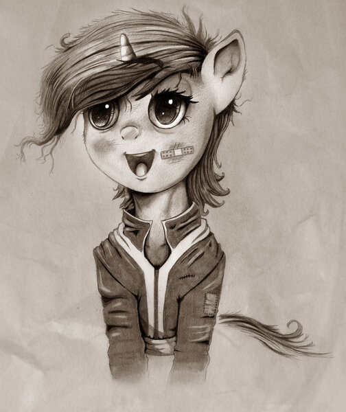 Size: 1024x1220 | Tagged: safe, artist:hereticofdune, derpibooru import, oc, oc:littlepip, unofficial characters only, pony, unicorn, fallout equestria, fanfic, black and white, clothes, cute, fanfic art, female, grayscale, horn, mare, monochrome, open mouth, pipabetes, simple background, solo, teeth, vault suit
