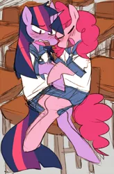 Size: 700x1068 | Tagged: safe, artist:ghost, derpibooru import, pinkie pie, twilight sparkle, blushing, classroom, clothes, desk, eyes closed, female, lesbian, sailor uniform, school uniform, shipping, twinkie