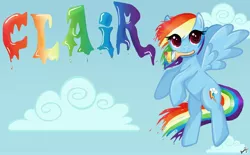 Size: 4565x2833 | Tagged: safe, artist:koneko-kisses, derpibooru import, rainbow dash, pegasus, pony, cloud, female, flying, mare, mouth hold, paint, paintbrush, signature, sky, smiling, solo, spread wings, text, wings