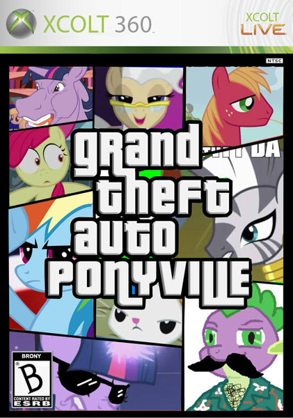 Size: 550x783 | Tagged: safe, artist:madmax, derpibooru import, angel bunny, apple bloom, big macintosh, mayor mare, rainbow dash, spike, twilight sparkle, zecora, earth pony, pony, zebra, crossover, grand theft auto, male, moustache, parody, stallion, sunglasses, xbox, xbox 360