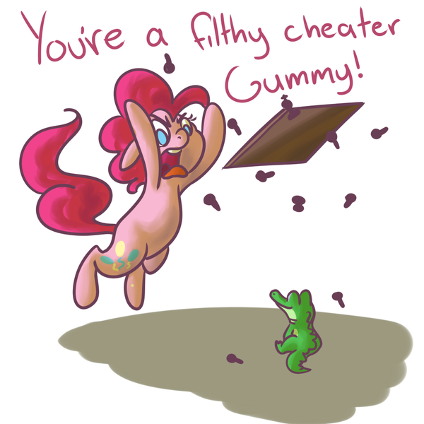 Size: 1000x1000 | Tagged: safe, artist:ponygoggles, derpibooru import, gummy, pinkie pie, alligator, earth pony, pony, chess, chessboard, female, floppy ears, frown, glare, gummy is a filthy cheater, mare, open mouth, rage quit, simple background, smiling, table flip, text, throwing, tongue out, white background